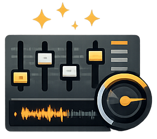 Icona di un mixer audio con cursori e un misuratore di livello, decorata con stelle.